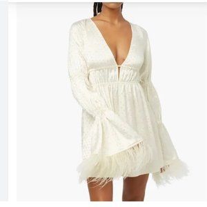 WEWOREWHAT   Feather Sleeve Rhinestone Mini Dress In Ecru